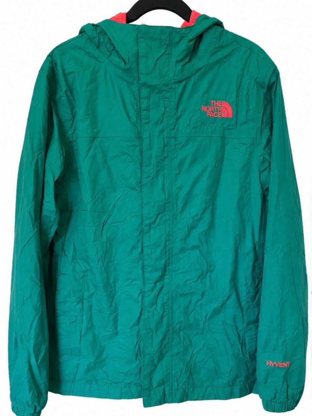 The North Face Green Hooded Kids Rain Jacket with Pink Accents